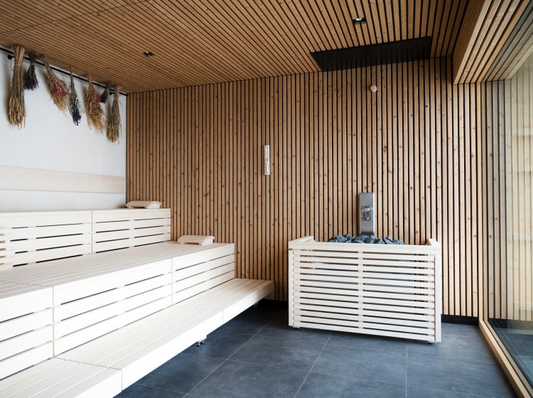 Biosauna im Wellnessbereich des Biohotels mit Bergblick